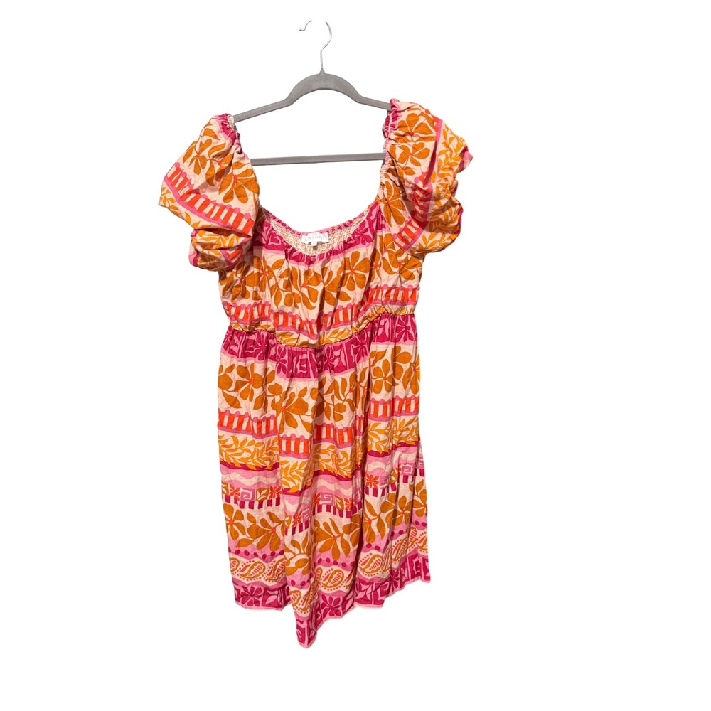 White‎ Closet Dress Floral Smocked Linen Blend 14 Pink Orange Puff Sleeve